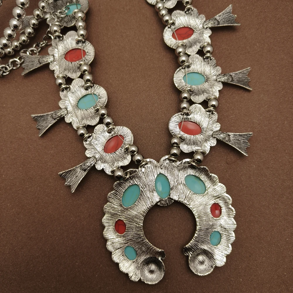 

Squash Blossom Necklace for Women Boho Ethnic Tribal Statement Beaded Accessories Chunky Resin Coral Turquoise Jewelry