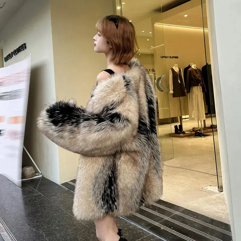 

High Quality Winter Fur Coat For Women Loose Mid Length Faux Fox Fur Thickened Warm Fashionable Artificial Fur Coats Female