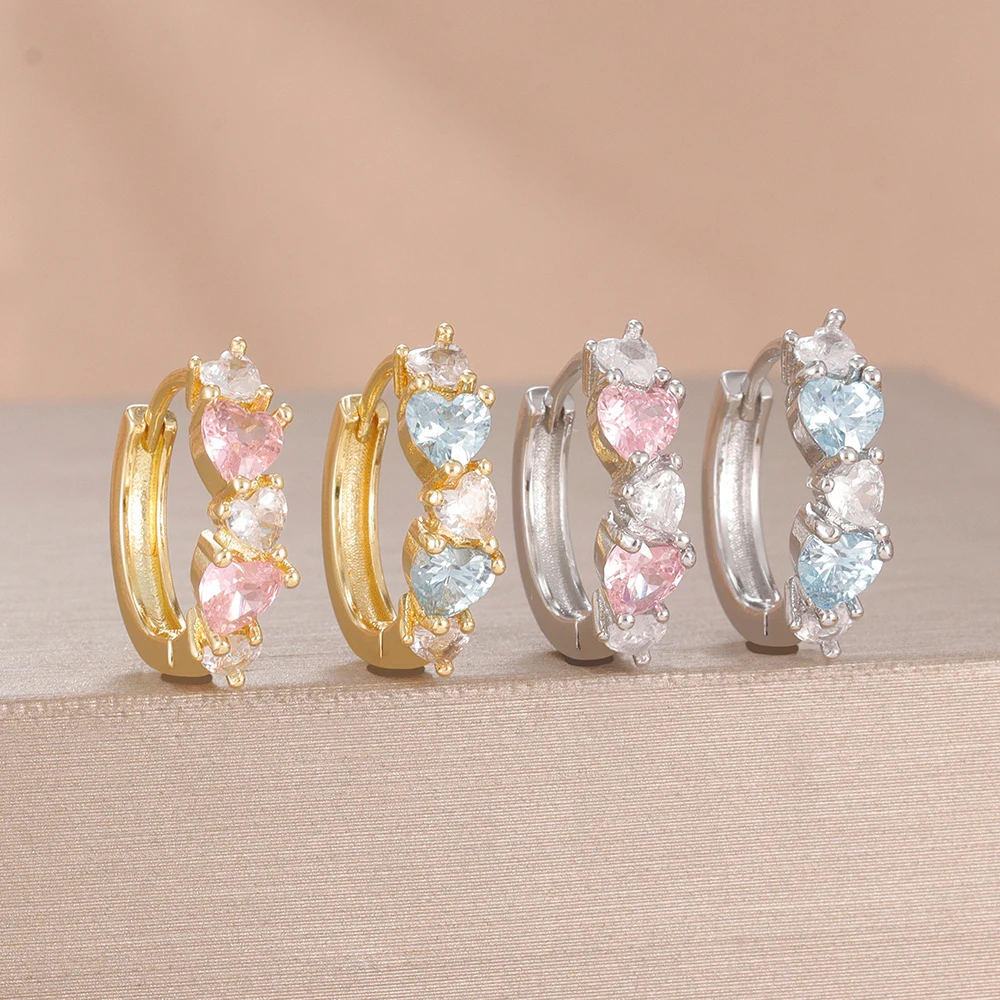 New Arrival 2PCS Fresh Sweet Heart CZ Hoop Earrings For Women Dainty Gold Plated Zircon Huggie Hoops Hypoallergenic Cute Jewelry