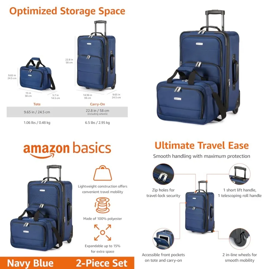 

Softside Luggage Set, 23-Inch Expandable Suitcase with Wheels and 15-Inch Tote, Extra Space +15%,Front Pockets, Telescopic Hand