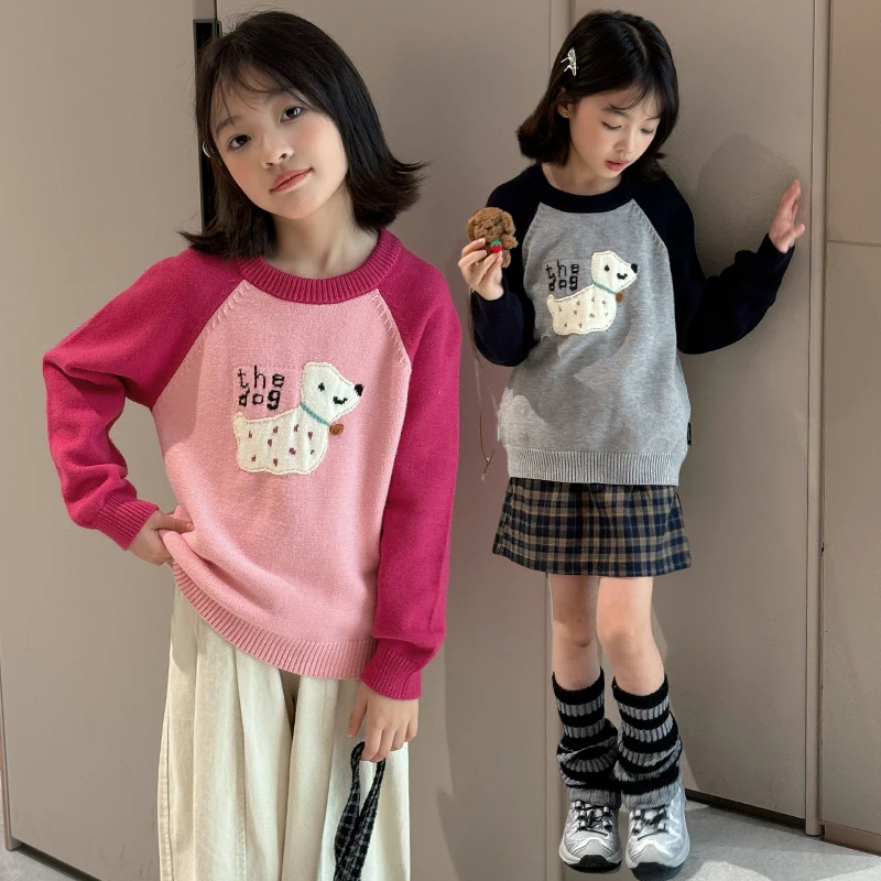 autumn winter teen girls cartoon dog sweater junior color blocked children knitted top tricot infantil kids clothes 4-14 jumper