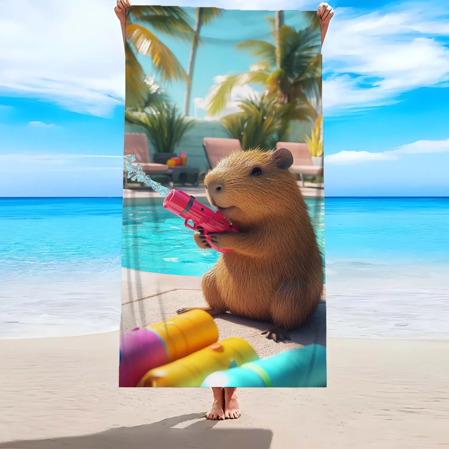 1pc Capybara Pool Party Beach Towel Soft Lightweight, Sand-Free, Quick-Dry Microfiber Fabric Vibrant Print Design