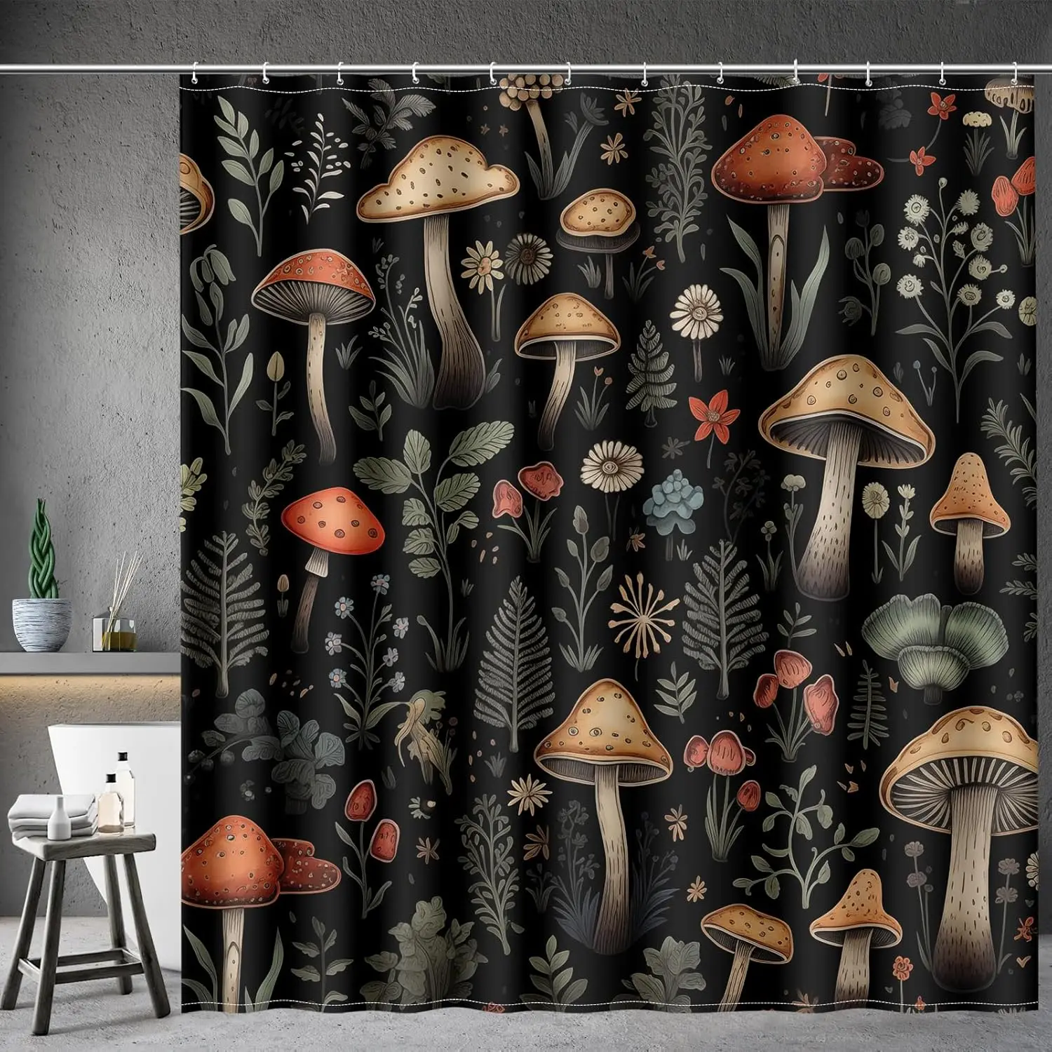 

Aimego Mushroom Boho Shower Curtains - Vintage Floral Plants Retro Flowers Bohemian Fairy Nature Botanical Bath Shower Curtain