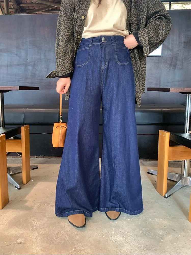 

Свободные джинсы-клеш в пол больших размеров для женщин, осенняя новинка, драпированные джинсовые брюки, удобные, с низкой талией, на молнии