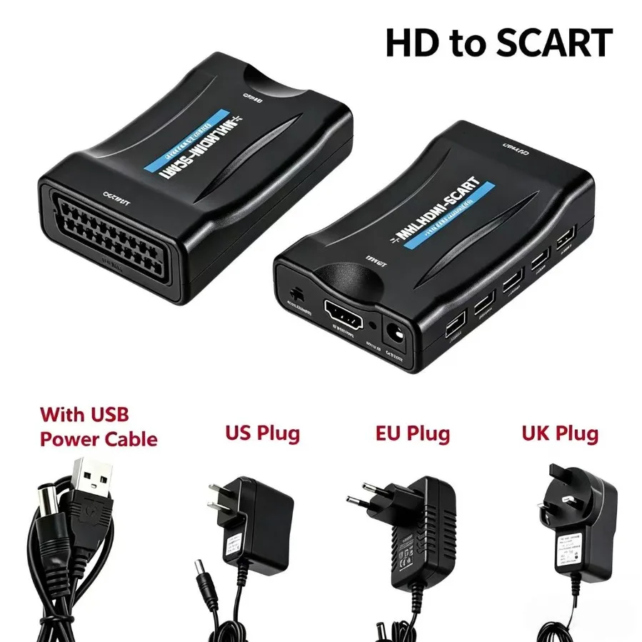 1080P HDMI-Compatible to Scart Scaler Converter HD Audio Video Adapter Upscale for TV BOX DVD Player with USB Cable US/EU Plug