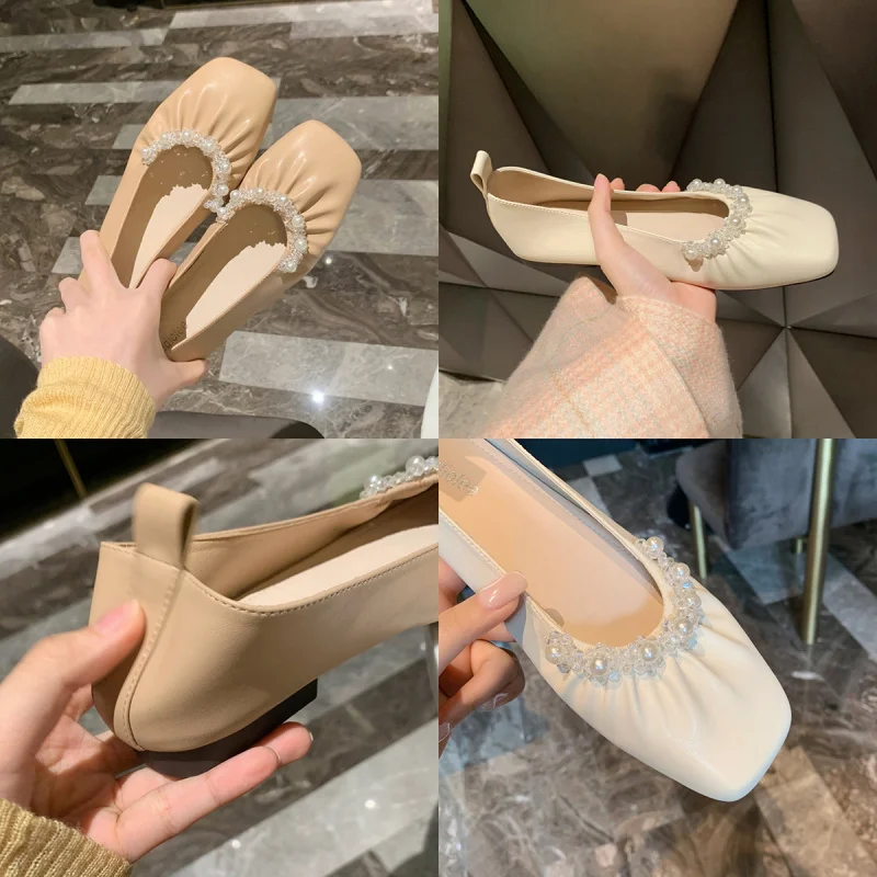 Spring and Autumn Soft-Looking Pearl Grandma Shoes Low-Cut Square Toe Soft Flat Bottom Classy Shoes Women33-43Code