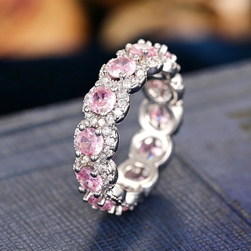 CAOSHI Funkelnder Rosa/Weißer Rundschliff Zirkonia-Ring für Hochzeitstag, Elegantes Süßes Fingerring-Accessoire für Damen