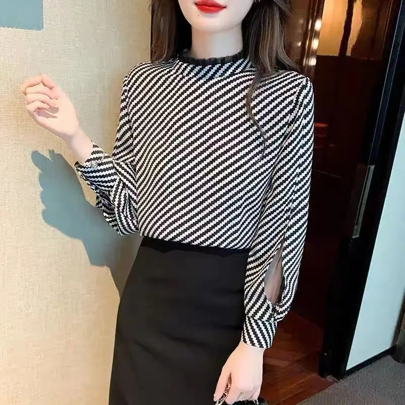 Women Korean Fashion Stand Collar Mesh Patchwork Blouses Elegant Chic Striped Print Shirts Long Sleeve Loose Tops Blusa De Mujer