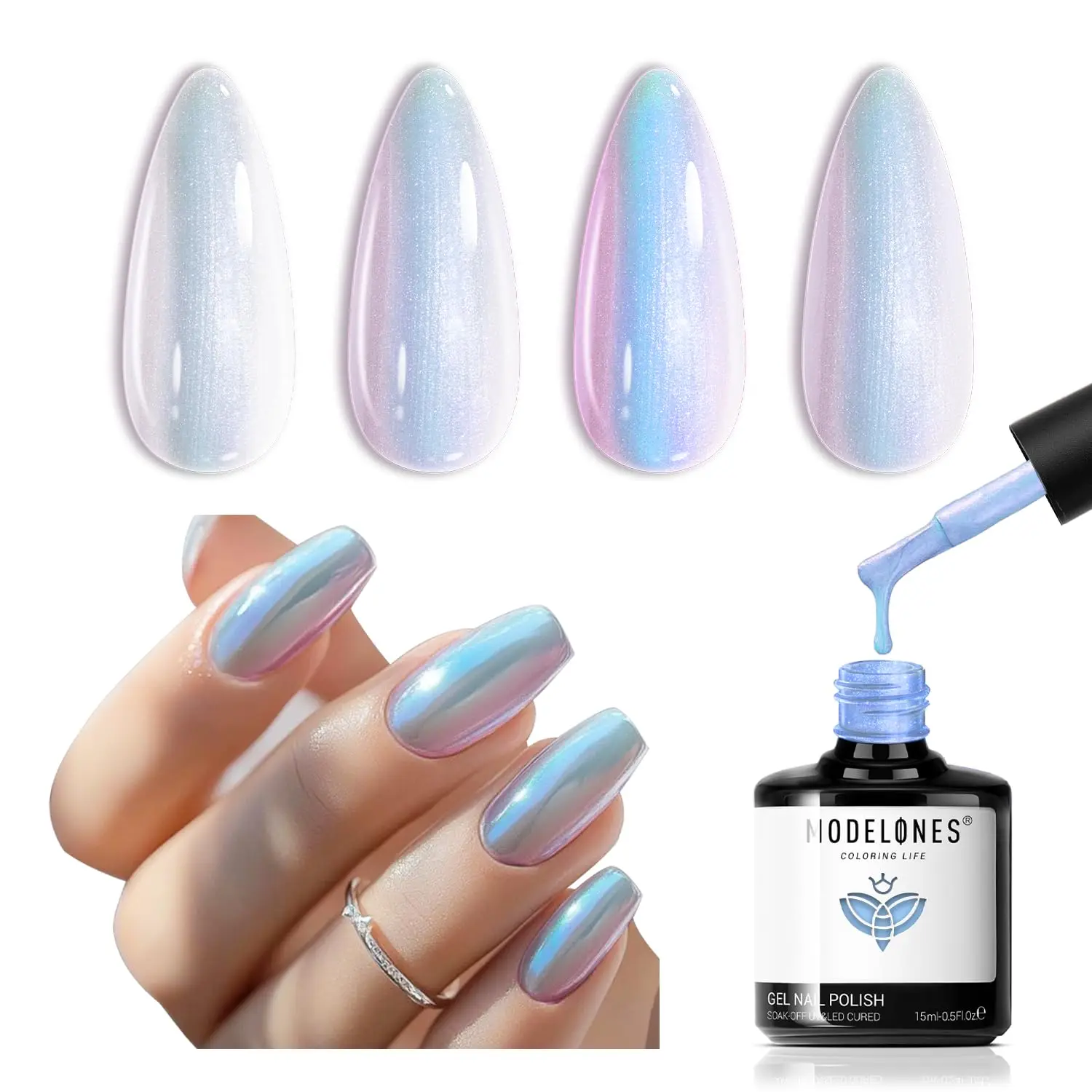 

Modelones Pearl Iridescent Gel Nail Polish, 15 ML Shimmer Celestial Blue Mermaid Nail Drawing Glitter Pearlescent Summer