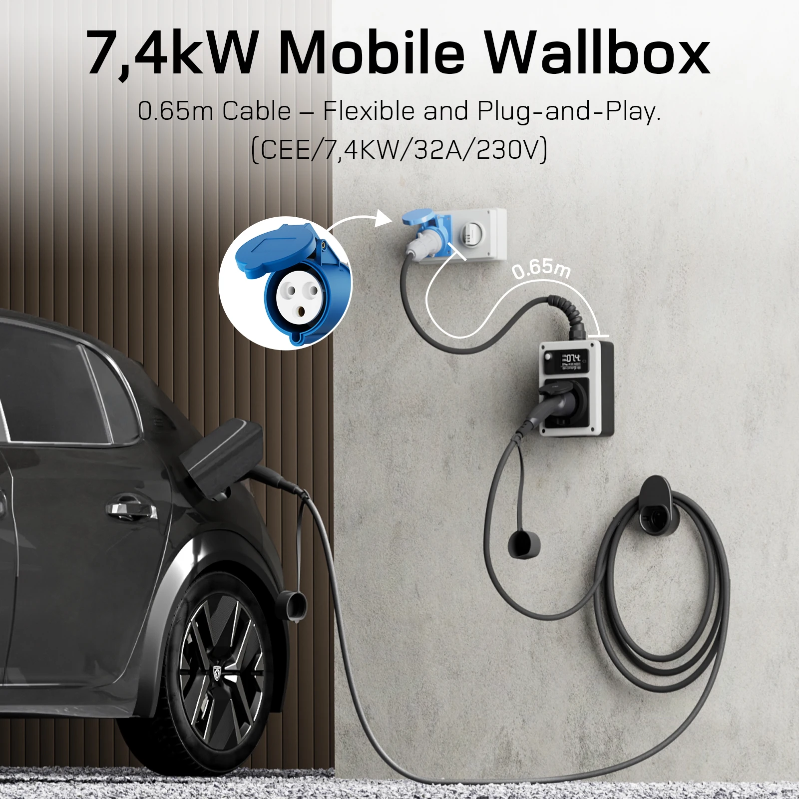 صندوق حائط dé 7.4kw 32A مع التطبيق ، شاحن EV قابس CEE للنوع 2 ، محطة شحن متنقلة مع عداد كهرباء ، توصيل وتشغيل