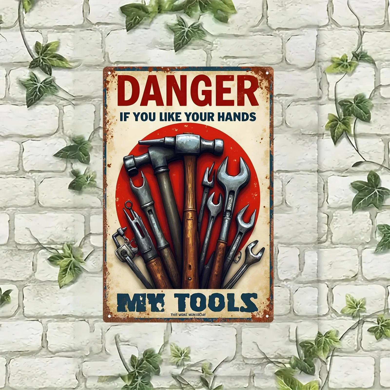 Vintage Tool Metal Wall Sign, 8×12 Inch Iron Garage Decor with Funny Hand Safety Warning Text, Wrench & Hammer 2D Design, Rus