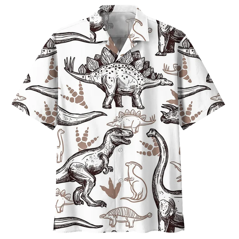 Cartoon Dinosaur Graphic Hawaiian Shirt For Men Summer Beach 3d Printed Animal Short Sleeves Tops Oversized Lapel Button Blouse