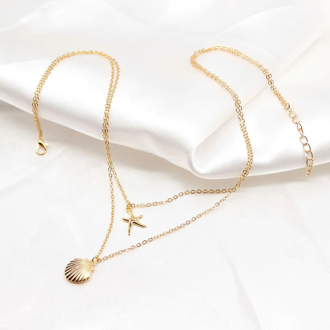 

DUTRIEUX Boho Beach Double-layer Shell Starfish Pendant Necklace Women Temperament Choker Clavicle Chain Girls Gifts Jewelry