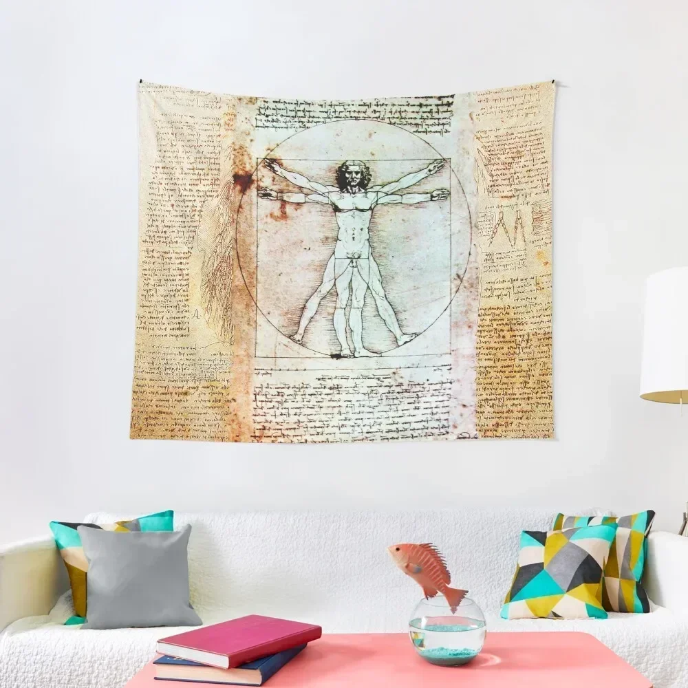 VITRUVIAN MAN Leonardo Da Vinci Handwriting Antique Parchment Tapestry Carpet Wall Custom Wallpapers Home Decor Tapestry