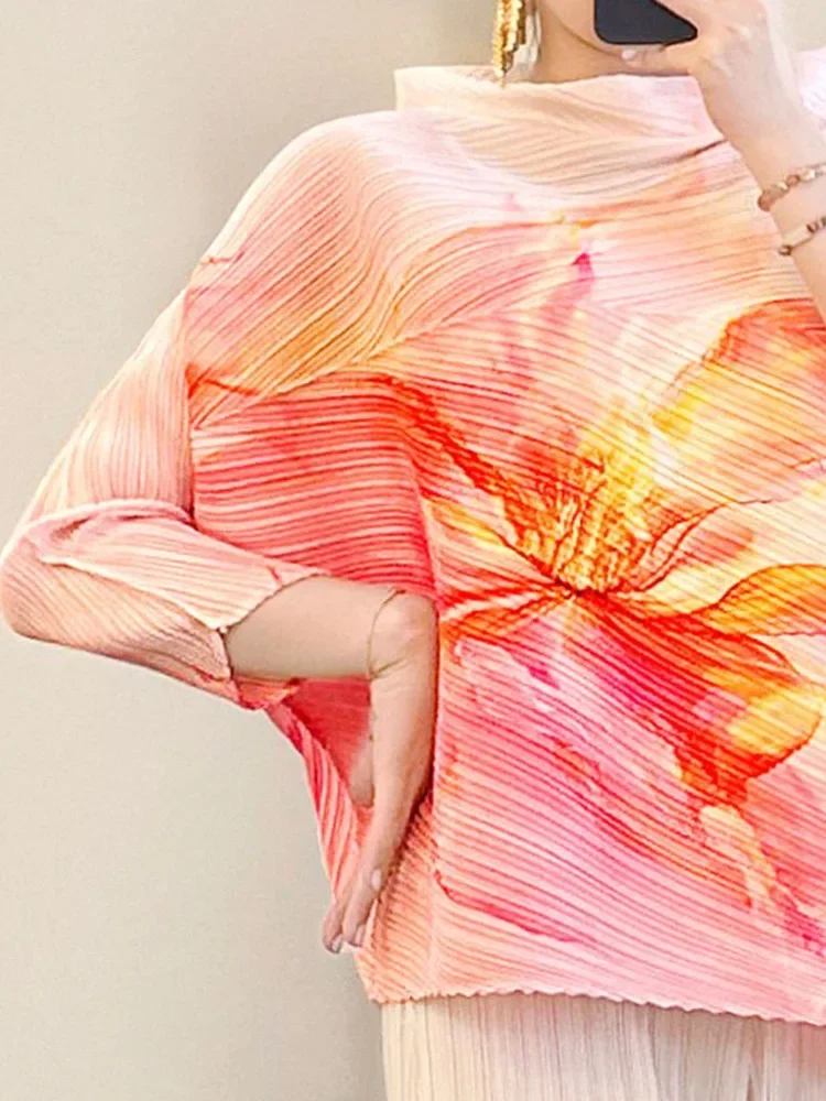 2025 ฤดูร้อน New Wave Miyake หลวมแฟชั่น Stand-up Collar ยาวไม่สม่ําเสมอผู้หญิงเสื้อลําลองพิมพ์ผู้หญิงเสื้อ