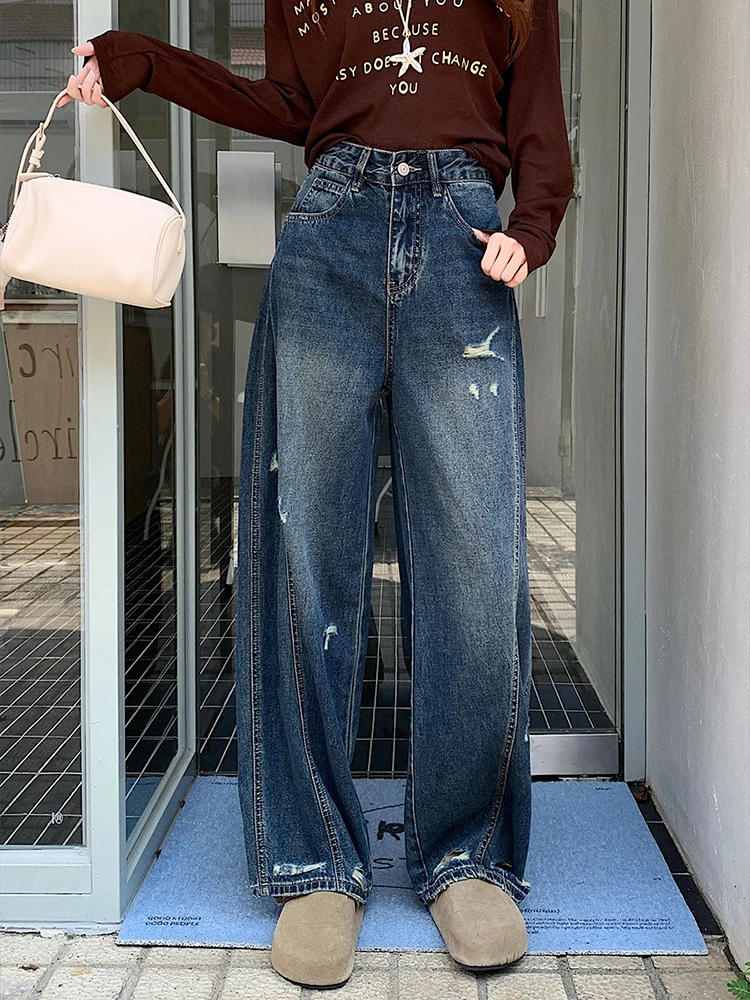 Y2k 2000s rasgado jeans feminino vintage streetwear perna larga calças jeans harajuku grunge cintura alta baggy casual calças retas