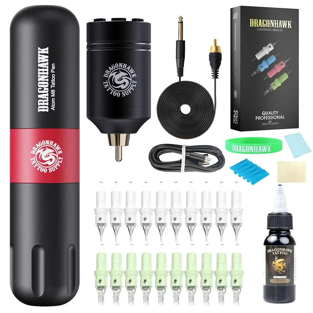 Dragonhawk Complete Tattoo Pen Machine M8 Kit Wireless Battery Cartridge Needles Set