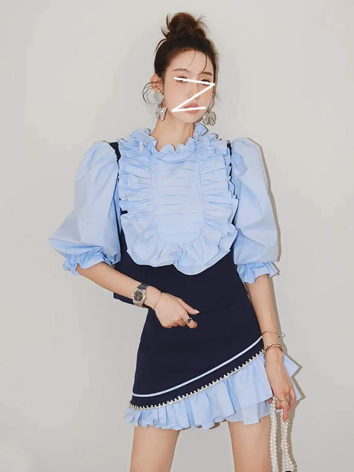 

Европейский комплект Sle irt Spring New Bubble Sve ort Top Diamond Embellied f Юбка ort Faion Ensemble