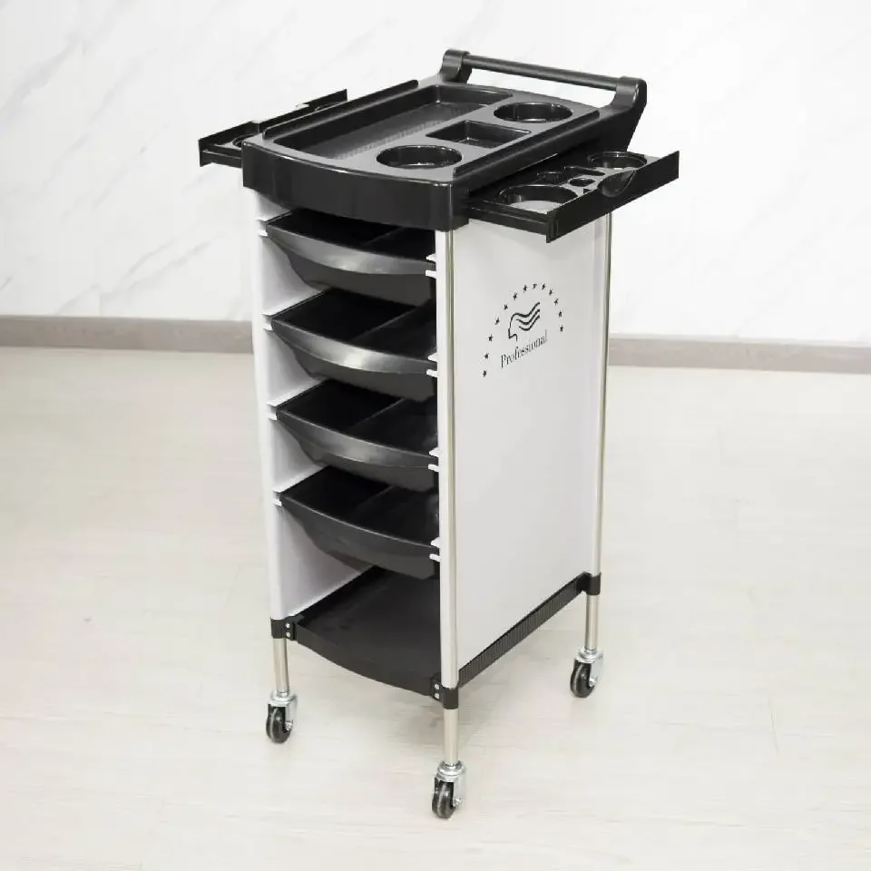 

Black Plastic Salon Trolley Beauty Barber Machine Cosmetic Table Wheels Iron Trolley Carrello Estetista Professionale Workshop