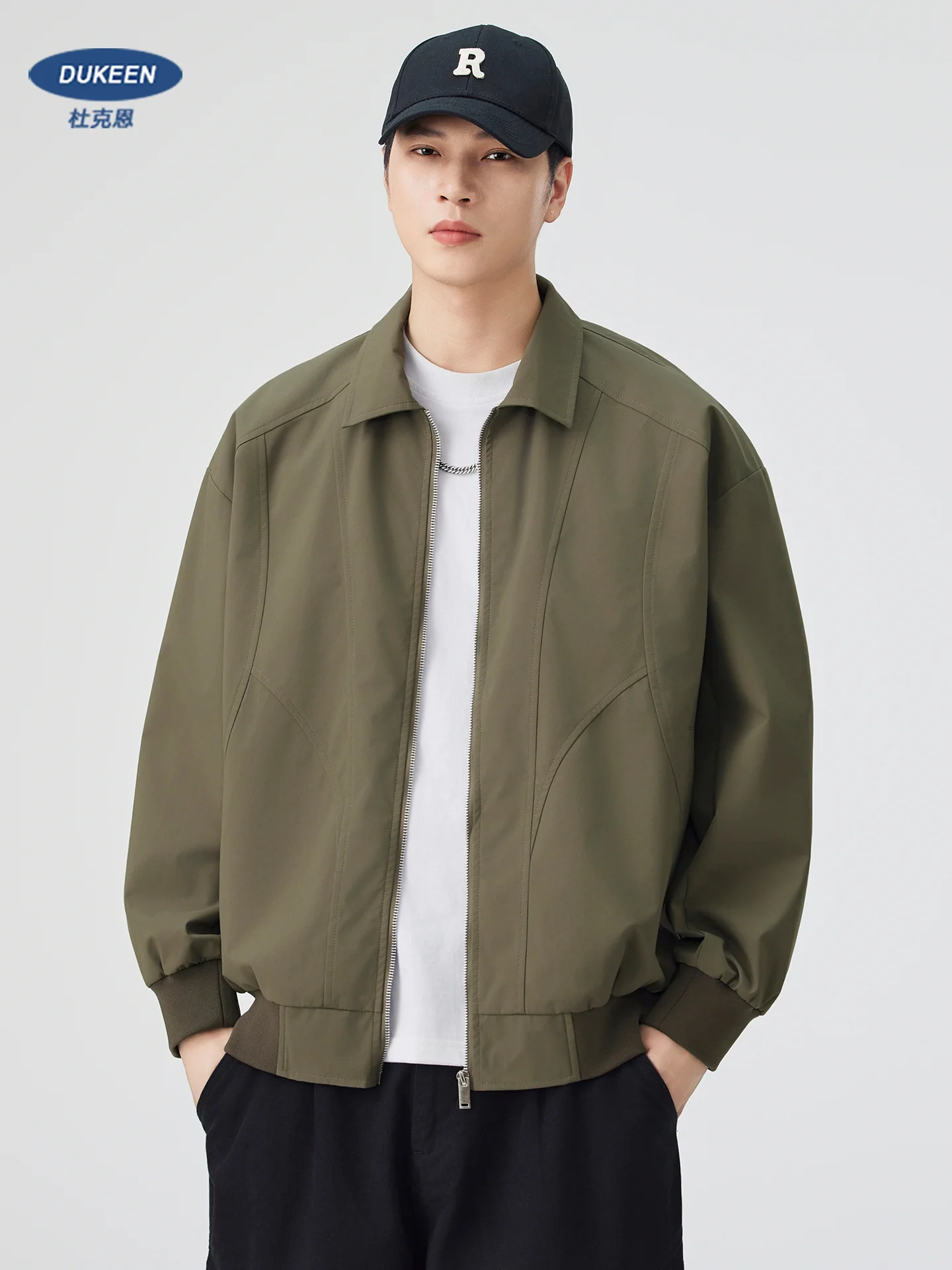 

DUKEEN Men's Oversized Blouson Jacket with Shirt Collar Spring and Autumn Proofwind Proofwater Splicing Full-Zip Workwear Coats