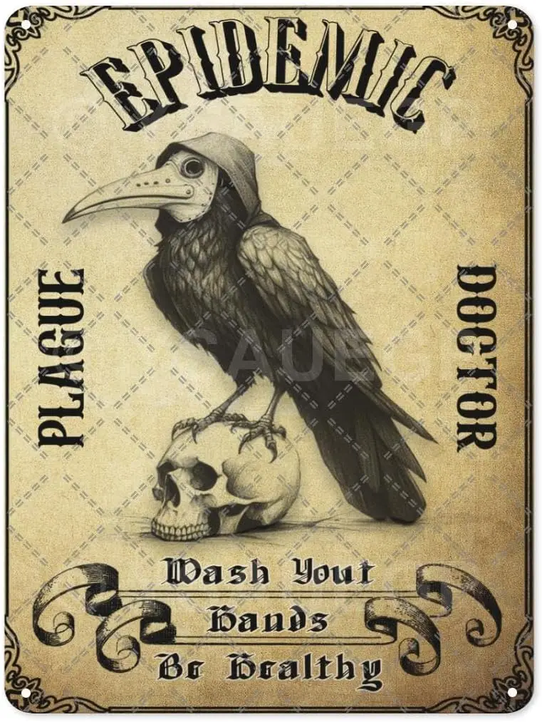 Vintage Wash Your Hands Metal Tin Sign, Retro Raven Plague Doctor Tin Sign Wall Decor Plaque Wall Art for Home Bathroom Cafes Ba