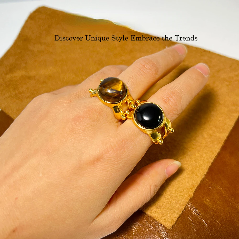 Vintage Natural Tiger Eye Black Obsidian Ring Best Seller Simple Open Ring Fashionable Jewelry for Woman Girl Party Daily Wear