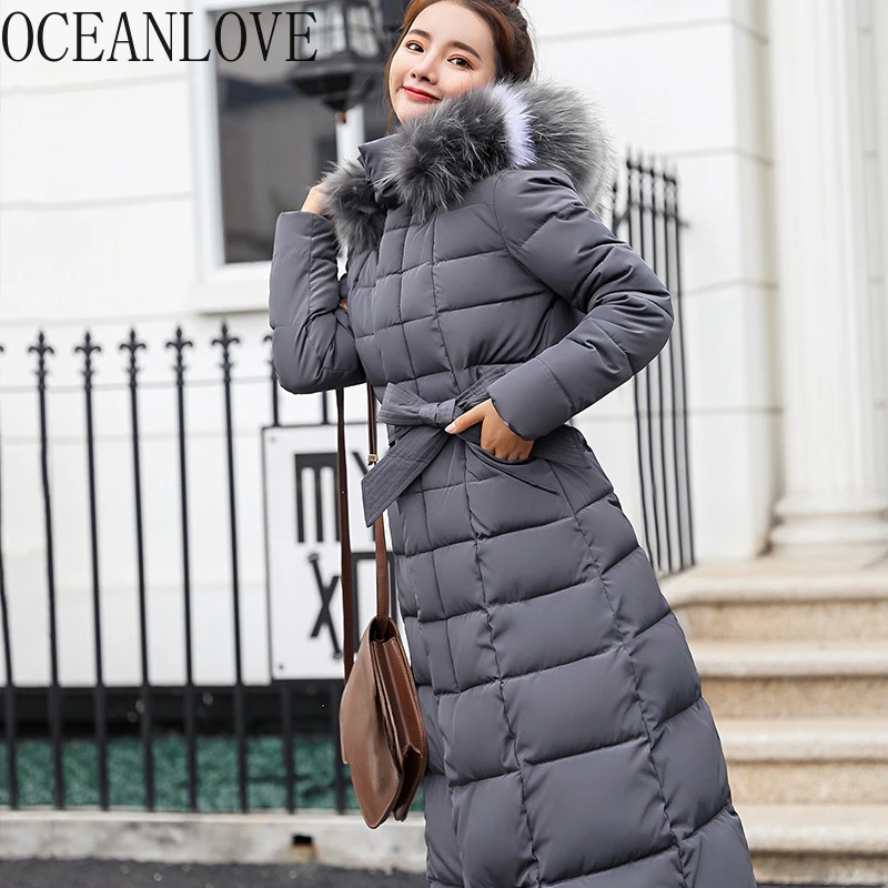 OCEANLOVE Long Parkas Coats Hooded Autumn Winter Thick Warm Bandage Women Jackets Korean Fashion Solid Chaqueta Mujer