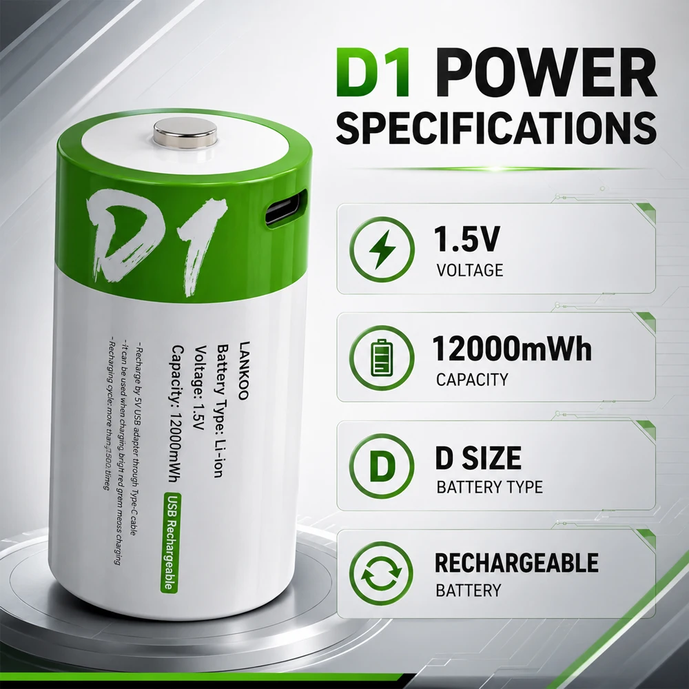 R20 1.5V 12000mWh Akumulator Li-ion USB typu D z kablem Type-C do latarki, urządzeń gazowych LR20 — zdjęcie produktu 3
