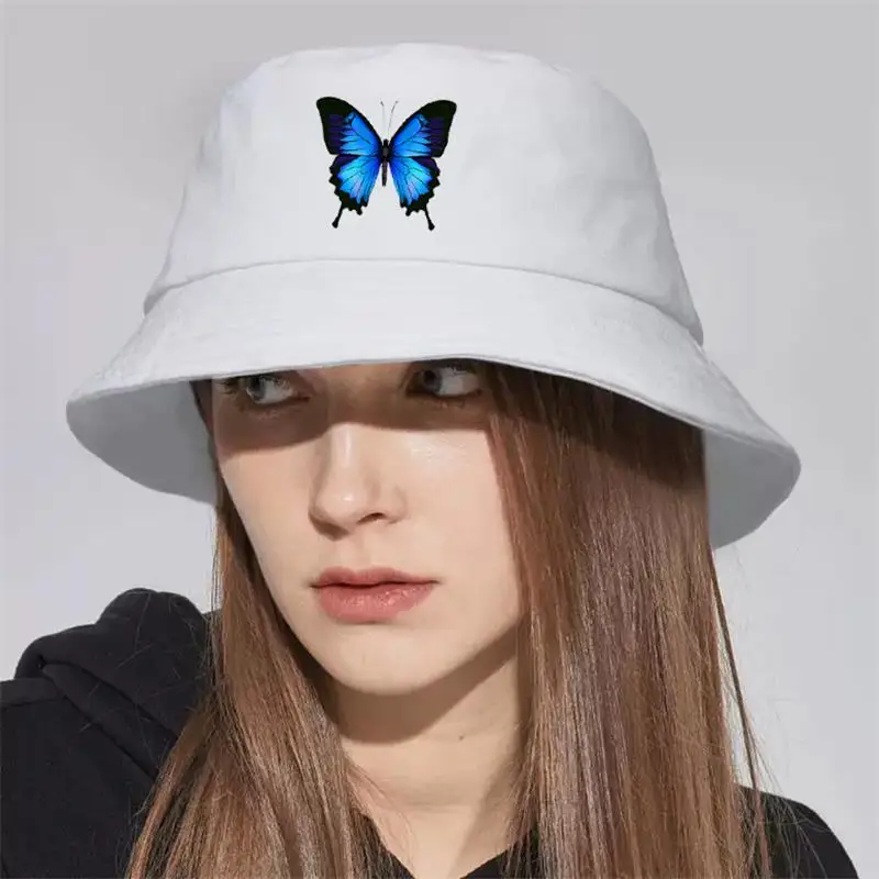 Hot Sale Blue Butterfly Harajuku Bucket Hat Casual Beach Sun Hat Unisex Ukraine National Emblem Gold Foldable Cotton Panama Hat