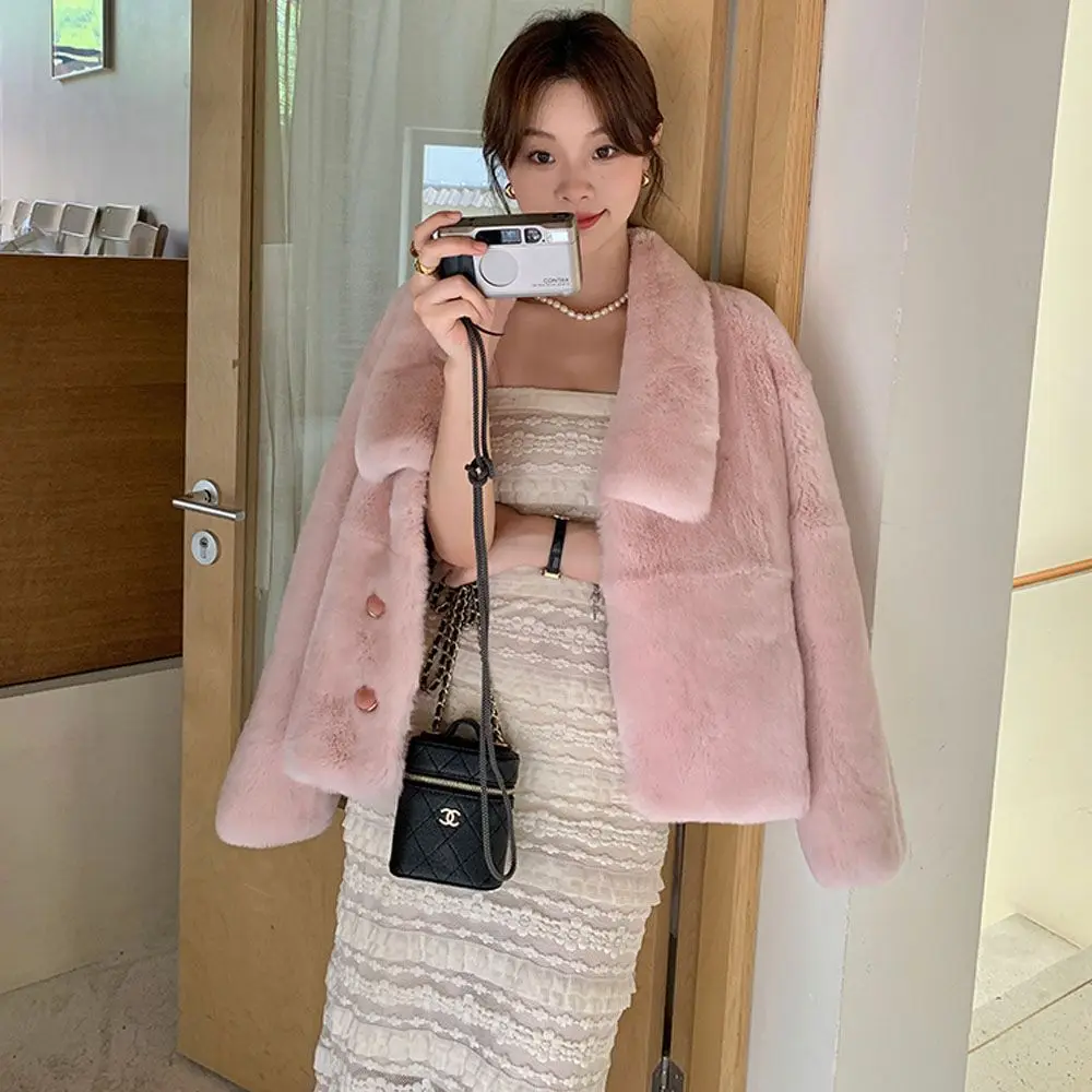 Korea Herfst Winter Mode Warme Nepbontjas Vrouwen Elegante Zoete Turn Down Kraag Pluche Jack Koreaanse Casual Bovenkleding