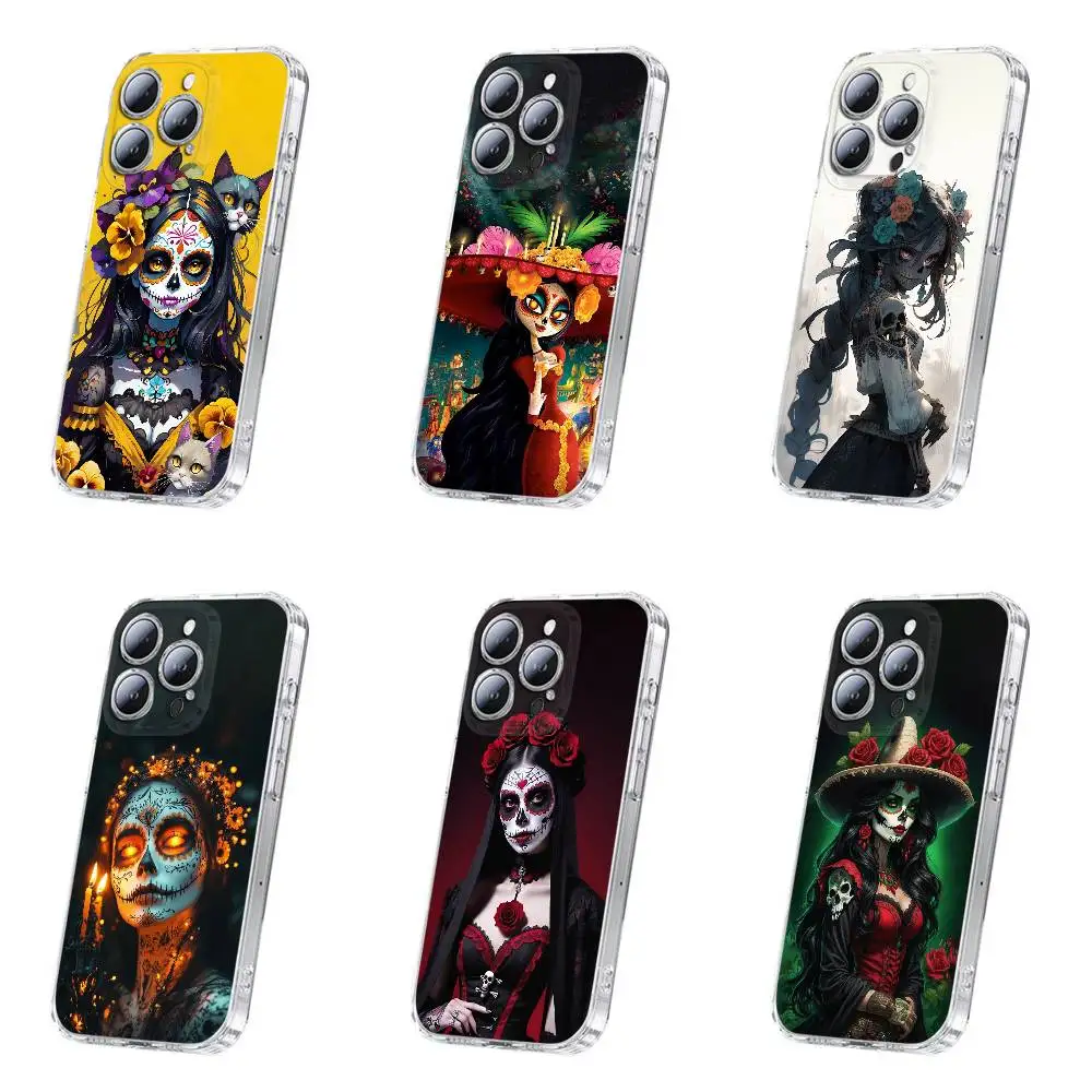 حافظة هاتف Skull Girl Catrina Day of the Dead Mexico لهاتف iPhone 17,16,15,14,13,12,11,Plus,Pro,Max,Plus,E,Air,Mini Transparent