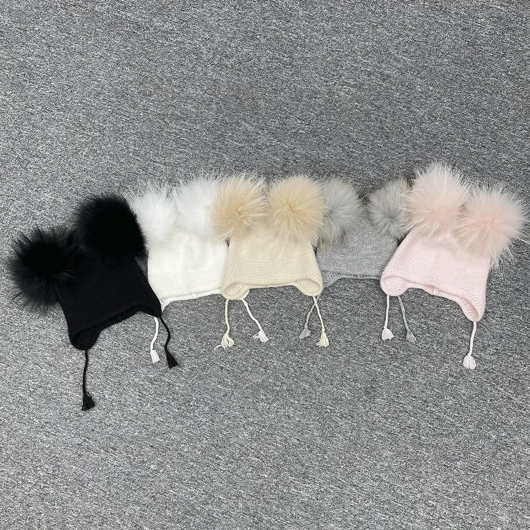 Infant Beanie Hat with Earflaps, Angora, Soft, Warm, Fur, Pom Pom, Knitted, Kids, Cute, Children, Winter Caps, Hot Selling, 2022