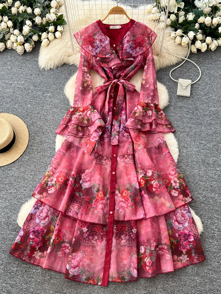 French Floral Print Dress Women Multi Layer Waist Cinch Color Block Patchwork Party Evening Event Gown Outfit Chic Dress Woman