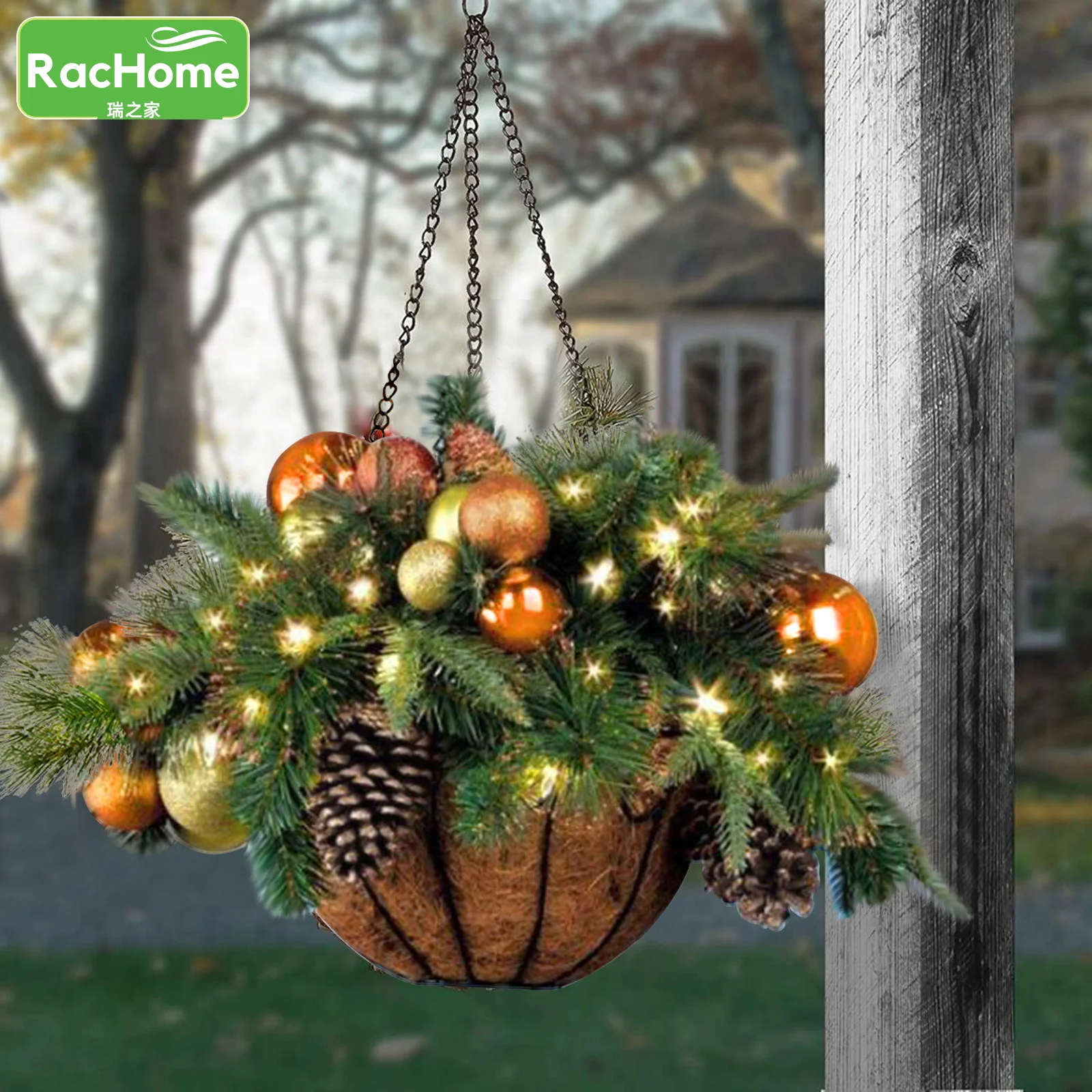 

Frosted Berries Pinecone Wreath Decor Ornaments Led Door Hanging Basket Xmas Pendant Pre-lit Artificial Christmas Hanging Basket