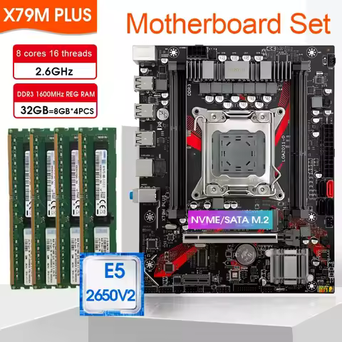 JGINYUE X79 LGA 2011 M-ATX Motherboard pc assembly kit with Xeon E5 2650 V2 CPU and DDR3 32GB （4*8GB）1600MHz Memory set SATA 3.0