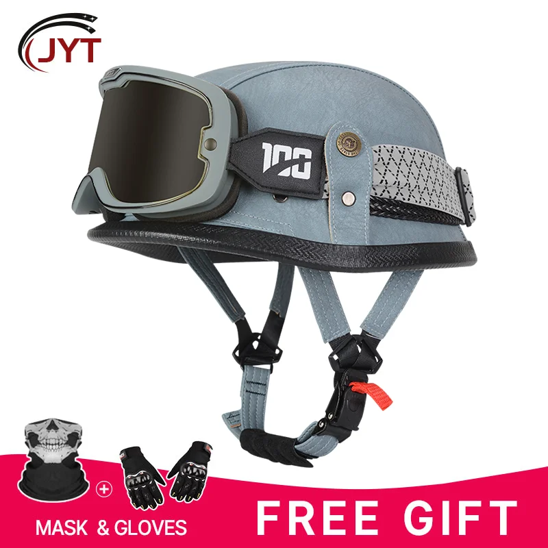 

Novelty Helmet Motorcycle German Retro Leather Half Helmet Vintage Open Face Shell Cap with Goggles DOT Approved Adult Men Women