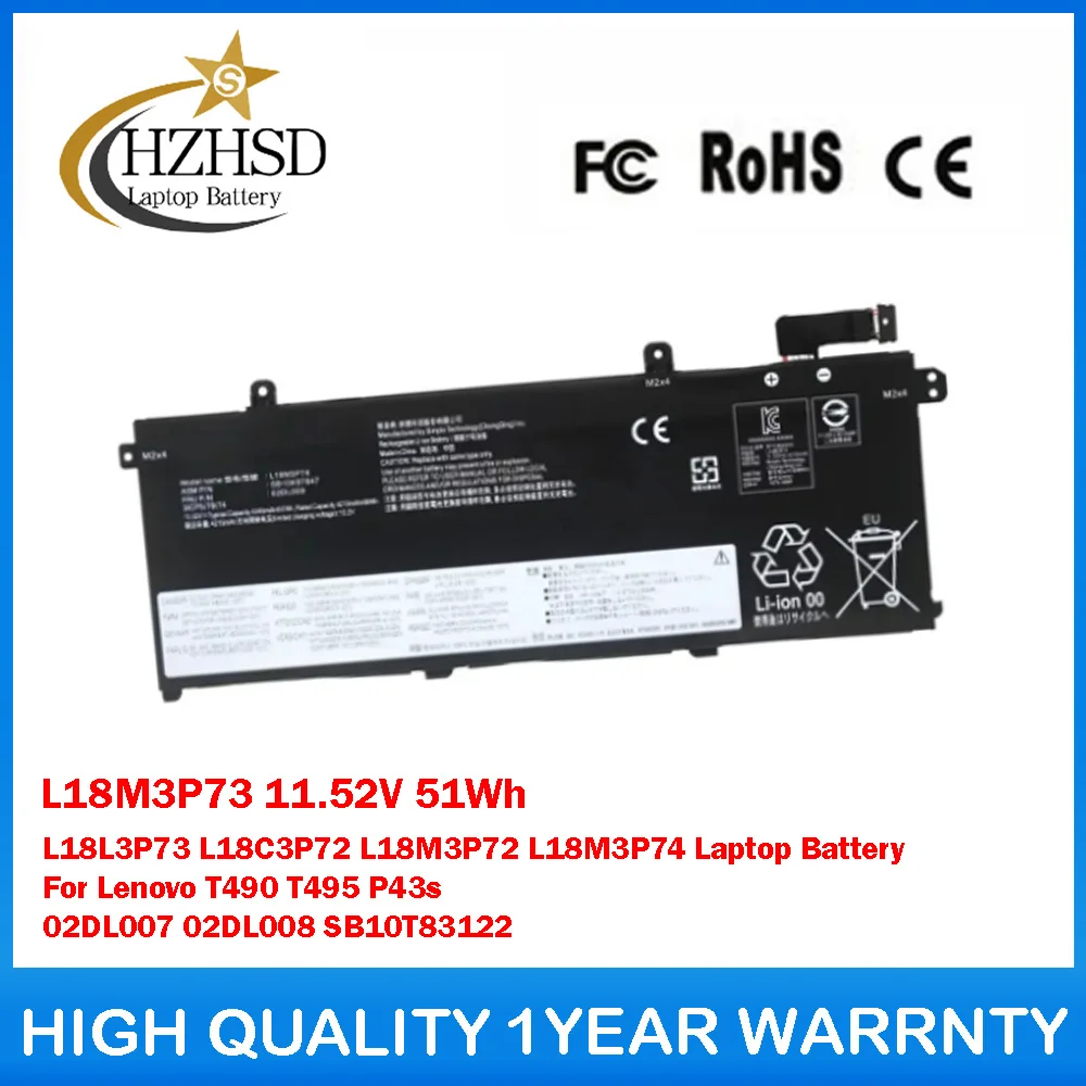 

L18M3P73 11.52V 51Wh L18L3P73 L18C3P72 L18M3P72 L18M3P74 Laptop Battery For Lenovo T490 T495 P43s 02DL007 02DL008 SB10T83122