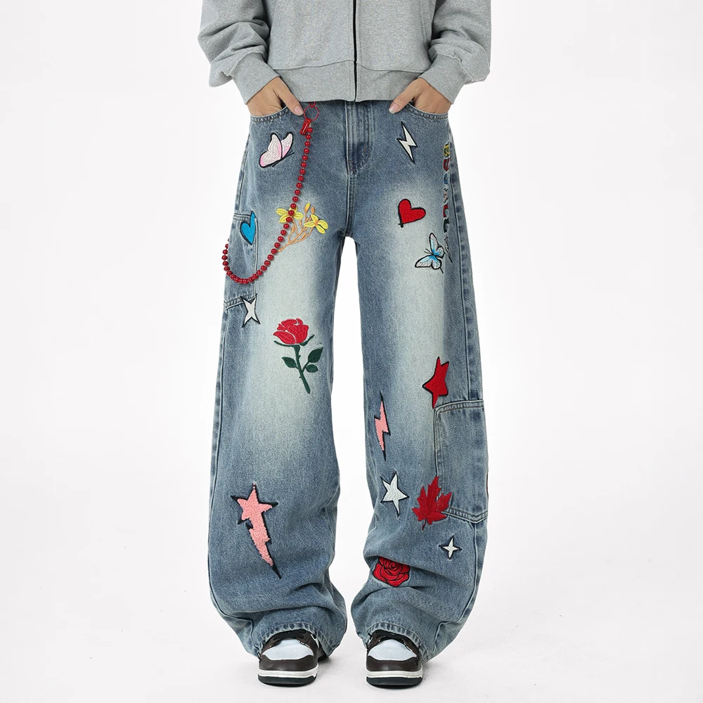 Calças Jeans Masculinas e Femininas com Bordado, Estilo Streetwear Hip Hop, Soltas, Casuais, Perna Larga, Baggy, Y2K