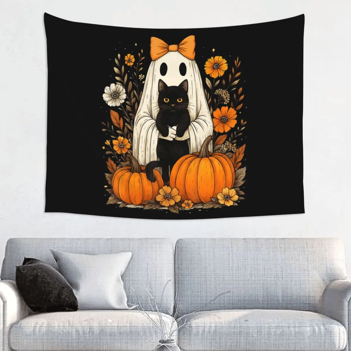 Halloween Ghost Holding Black Cat Tapestry Wall Hanging Hippie Wall Tapestry Groovy Floral Bohemian Decor Wall Decor Yoga Mat