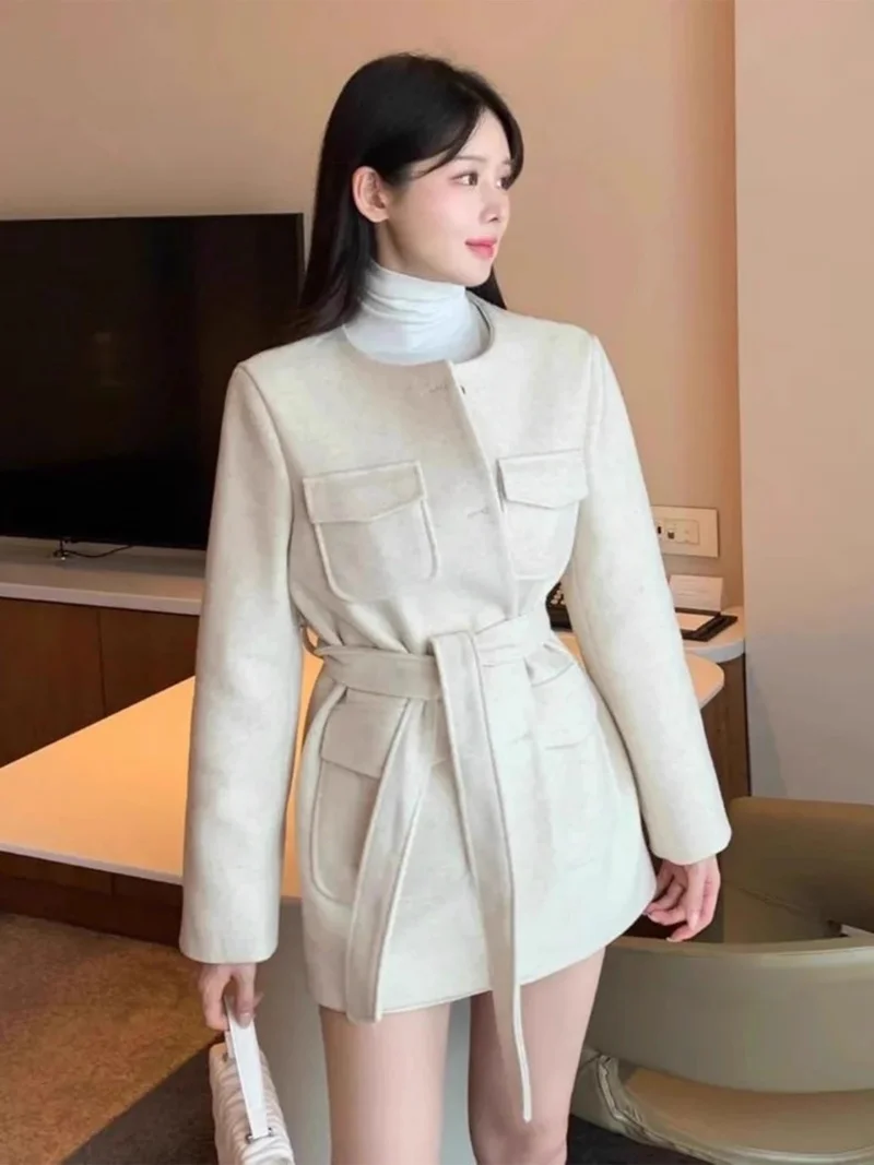 Retro Multi Pocket Design Single Breasted Woolen Coat Women's 2025 Autumn Winter New Style Strap Jacket Outerwear Top w1106
