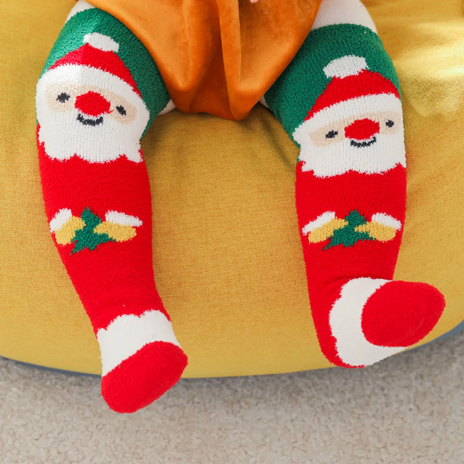 

Baby Xmas Knee High Socks Cotton Children Christmas Santa Claus Print Cartoon Doll Stockins Infant Non Slip Christmas Floor Sock