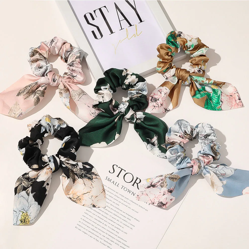 

Women Hair Accessories Rabbit Ear Bow Ribbon Print Flower Hair rope Scrunchies Ponytail Hold Hair Tie