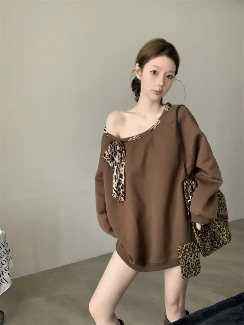 

Sweet Hot Girl Leopard Print Lace-up Hoodie Women's Autumn Off Shoulder Long-sleeved Loose Mid-length Top Fashion Female Clothes
