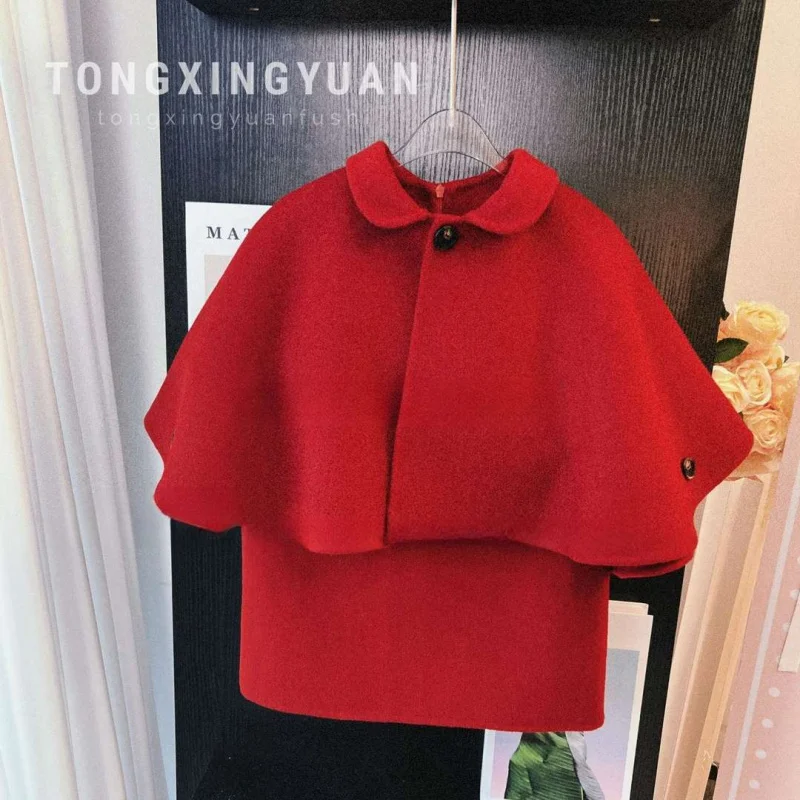 

In Stock Instant Delivery Children's Winter Girl New Year Outfit Red Woolen Suit Children's Fashionable New Year Dress