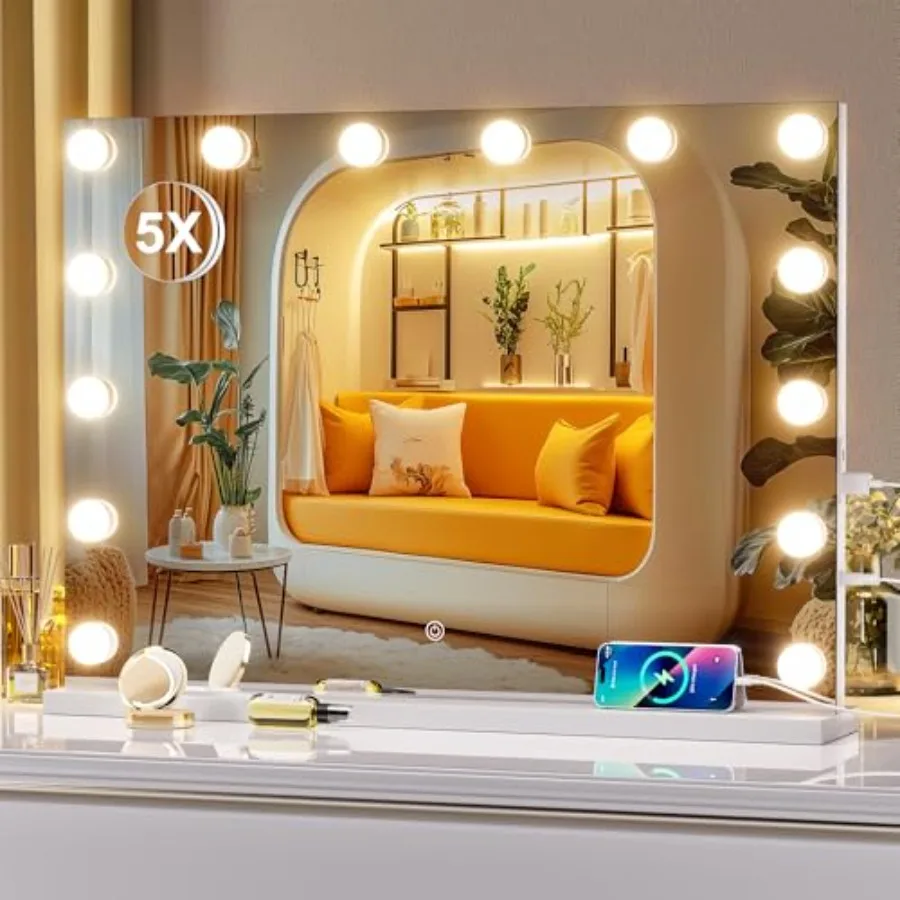 

Hollywood Vanity Mirror with Lights, 29" x 20" Makeup Mirror with 14 Dimmable LED Bulbs 3 Color Modes and Detachable, 5X Magnif