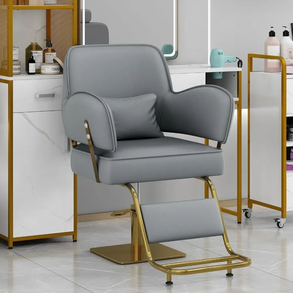 Golden Gray Recliner Chair for Beauty Salon High Density Sponge Padding Extended Footrest Professional Barber Chair Swivel Stool