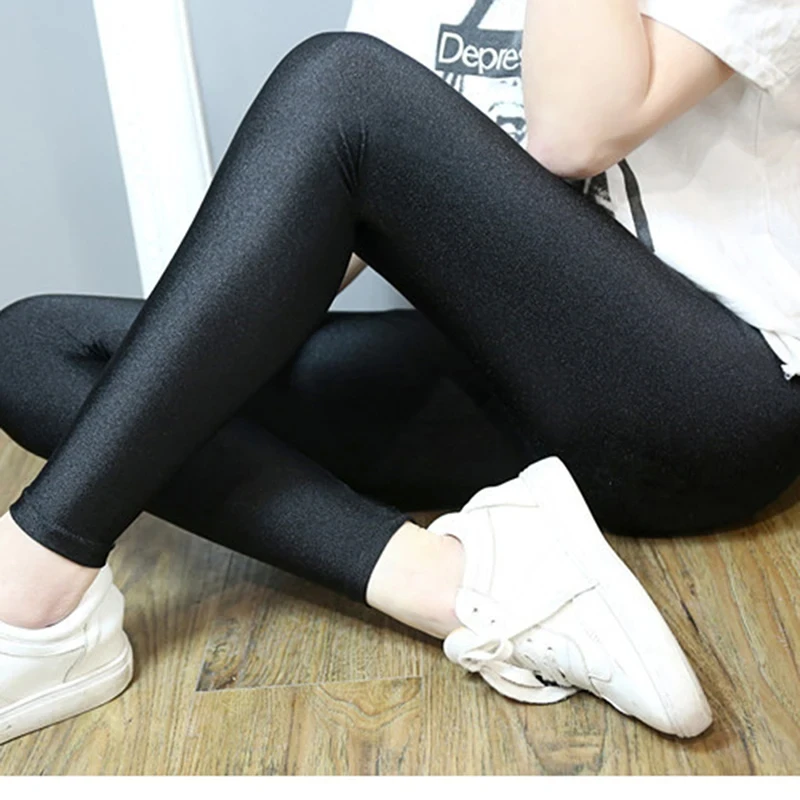 Leggings ajustados de cintura alta para mujer, pantalones elásticos suaves, color negro brillante, talla grande