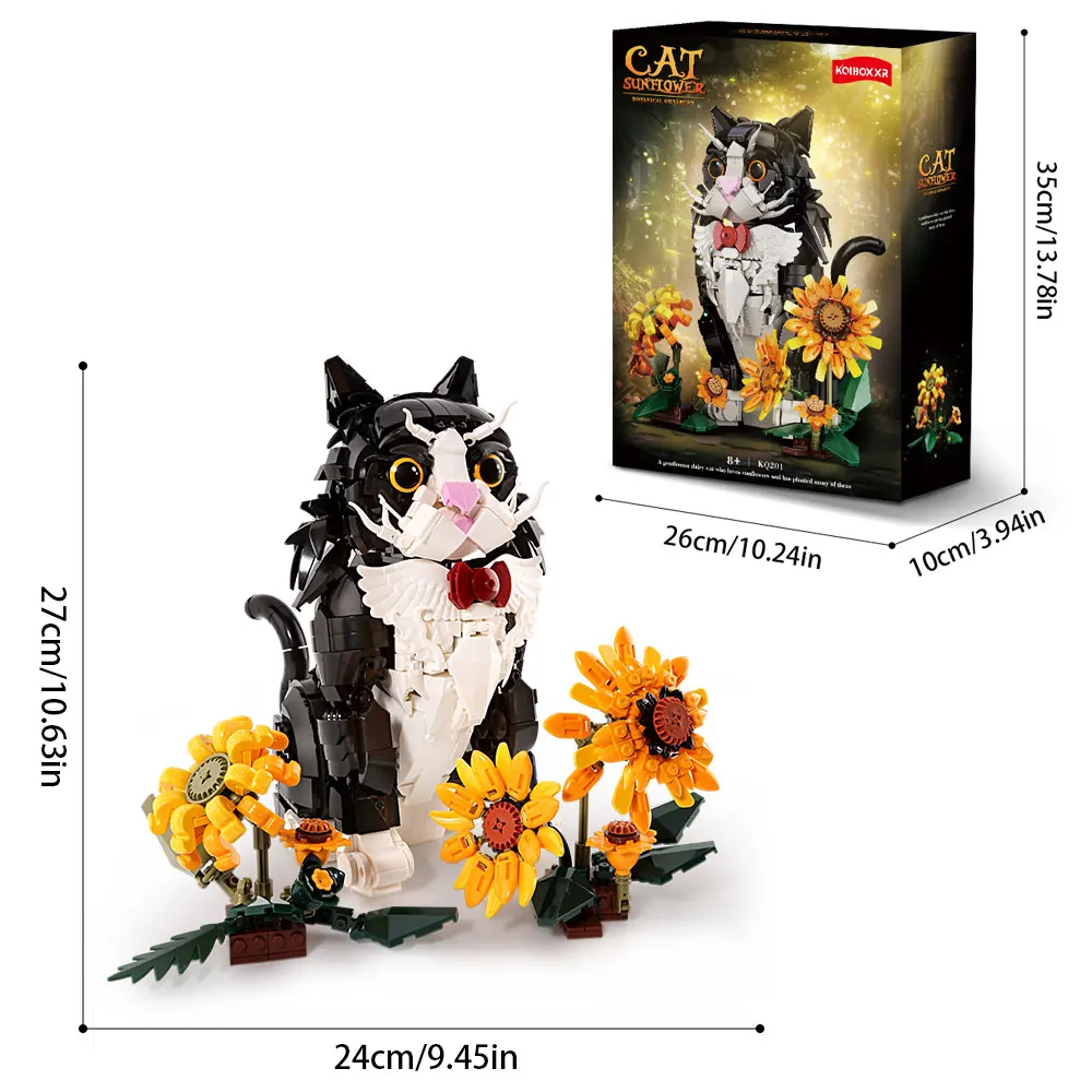 

MOC 1434PCS Sunflower Tuxedo Cat Animal Model Building Blocks Kit Black White Flower Cat Bricks Sets DIY Toy for Kid Adult Gift