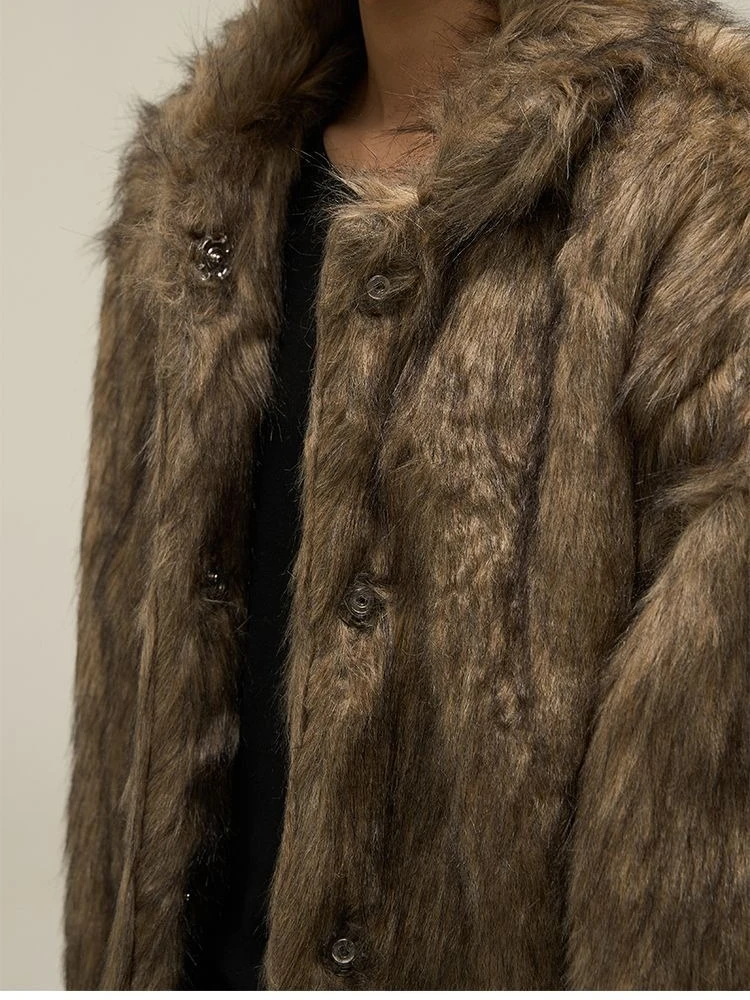 Vintage Harajuku Winter Short Thick Warm Soft Faux Fur Coat Men Lapel Design Fluffy Fur Outerwear Long Sleeve Tops Trendy New