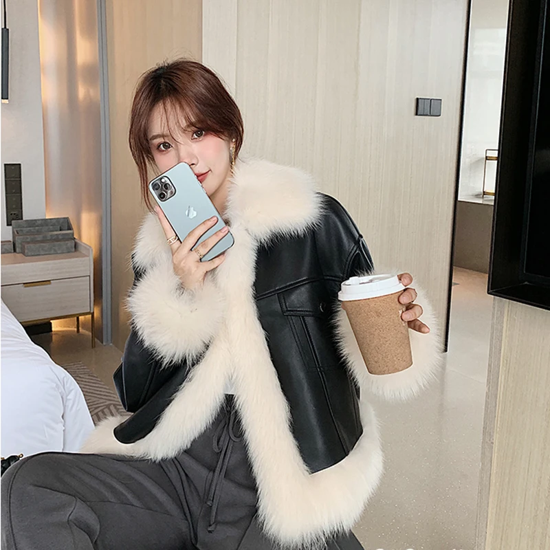 2023 Real Fur Women's Coat Autumn And Winter Korean Casual Solid Color Genuine Sheepskin Splicing Square Collar Fox Fur Jacket F